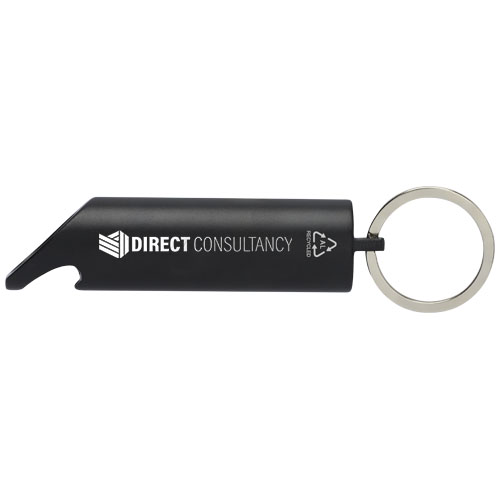 Lanterna LED e abridor de garrafas com porta-chaves de alumínio reciclado "Flare"