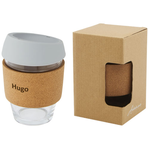 Copo térmico de vidro borossilicato de 360 ml com pega de cortiça e tampa de silicone "Lidan"